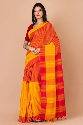 Red & Yellow cotton bengal handloom sarees with blouse