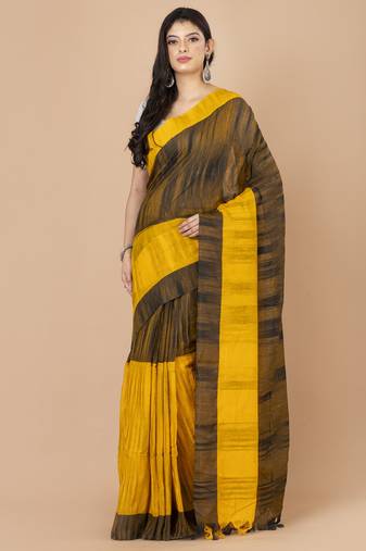 Yellow & Black cotton bengal handloom sarees with blouse