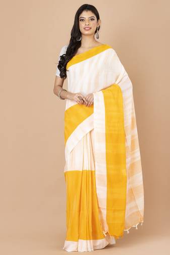 Yellow & White cotton bengal handloom sarees with blouse