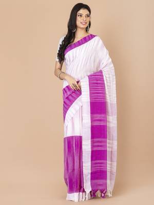 Purple & White cotton bengal handloom sarees with blouse 1