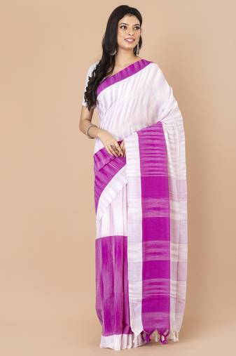 Purple & White cotton bengal handloom sarees with blouse