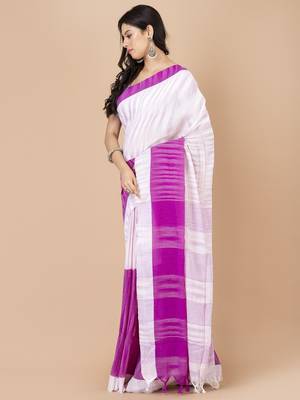 Purple & White cotton bengal handloom sarees with blouse 2