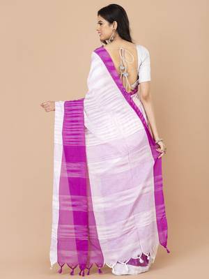 Purple & White cotton bengal handloom sarees with blouse 3