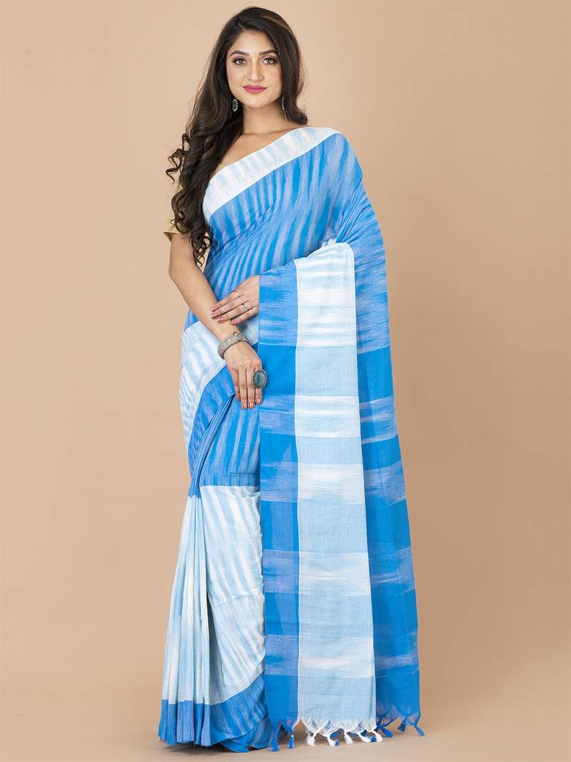 Sky blue & White cotton bengal handloom sarees with blouse