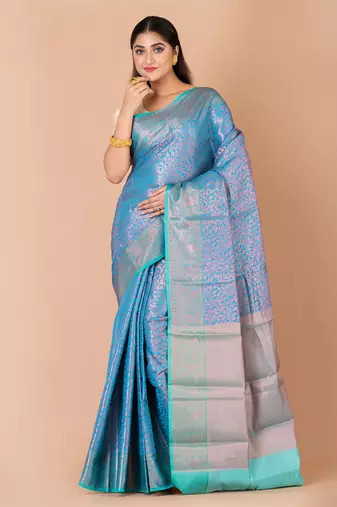 Turquoise Blue & Sea Green banarasi silk saree with blouse
