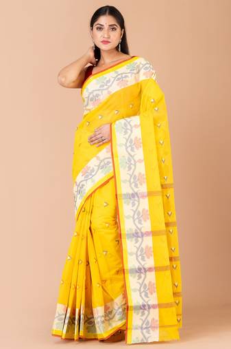 Yellow & Multi Cotton Tant Traditional Sarees Without Blouse