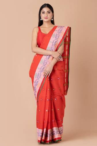Red & Multi Cotton Tant Traditional Sarees Without Blouse