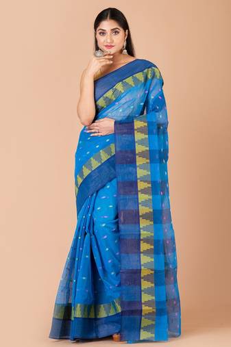 Blue & Multi Cotton Tant Traditional Sarees Without Blouse