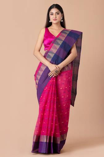 Magenta & Blue Cotton Tant Traditional Sarees Without Blouse