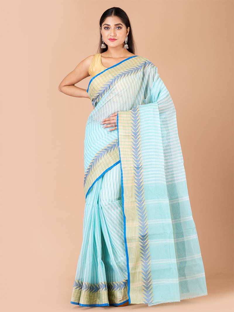 Sea Green & Multi cotton tant traditional sarees without blouse