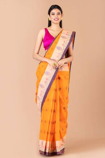 Orange & Blue Cotton Tant Traditional Sarees Without Blouse