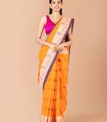 Orange & Blue Cotton Tant Traditional Sarees Without Blouse