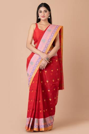 Red & Multi Cotton Tant Traditional Sarees Without Blouse
