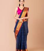 Navy Blue & Red Cotton Tant Traditional Sarees Without Blouse