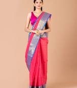 Pink & Blue Cotton Tant Traditional Sarees Without Blouse