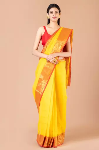 Yellow & Red cotton tant traditional sarees without blouse