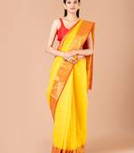 Yellow & Red cotton tant traditional sarees without blouse