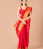 Red & Gold Cotton Tant Traditional Sarees Without Blouse