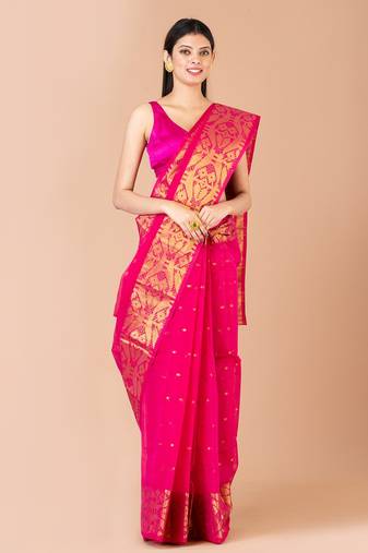 Pink & Gold Cotton Tant Traditional Sarees Without Blouse