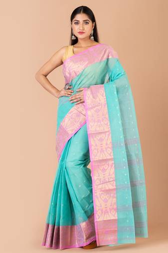 Sea Green & Pink Cotton Tant Traditional Sarees Without Blouse