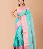 Sea Green & Pink Cotton Tant Traditional Sarees Without Blouse