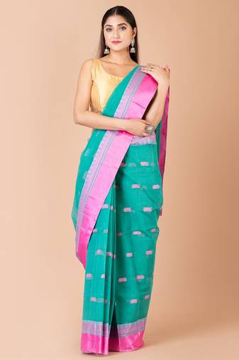 Green & Pink Cotton Tant Traditional Sarees Without Blouse