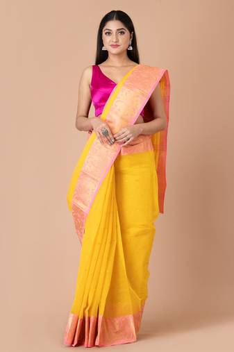 Yellow & Pink Cotton Tant Traditional Sarees Without Blouse