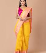 Yellow & Pink Cotton Tant Traditional Sarees Without Blouse