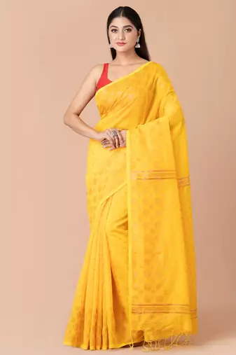 Yellow & Copper silk cotton handloom saree with blouse