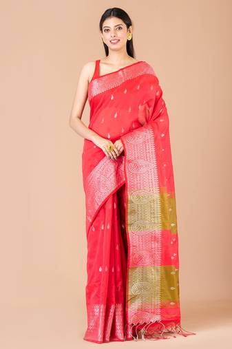 Pink & Green silk cotton handloom saree with blouse