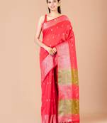 Pink & Green silk cotton handloom saree with blouse