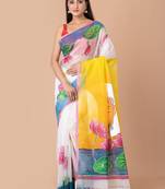 White & Yellow silk cotton handloom saree with blouse