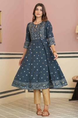 Juniper Women Teal Rayon Printed Anarkali Kurta. 1