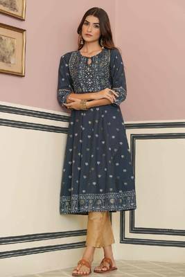 Juniper Women Teal Rayon Printed Anarkali Kurta. 4