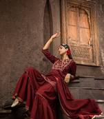 Juniper Women Maroon Satin Slub Printed with Embroidery Kurta, Sharara & Dupatta Set.