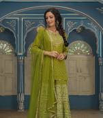 Juniper Women Green Georgette Bandhni Printed Kurta, Sharara & Dupatta Set.