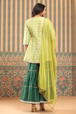 Juniper Women Green Shantoon Slub Printed Flared Kurta Sets 3