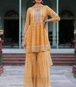 Juniper Women Yellow Georgette Printed Peplum? Kurta Sets