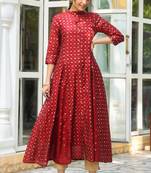 Juniper Women Maroon Chanderi Printed Kalidar Kurta.