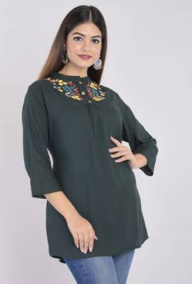 casual 3/4 sleeve embroidered women green top 1