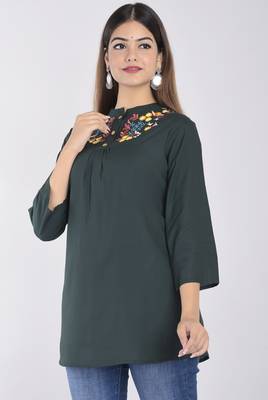 casual 3/4 sleeve embroidered women green top 3