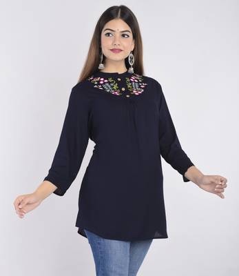 casual 3/4 sleeve embroidered women blue top 1