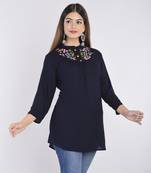 casual 3/4 sleeve embroidered women blue top