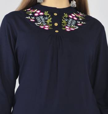 casual 3/4 sleeve embroidered women blue top 2