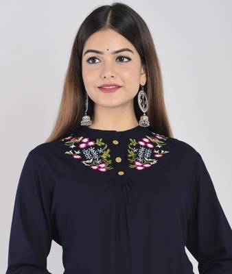 casual 3/4 sleeve embroidered women blue top 3