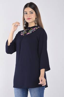 casual 3/4 sleeve embroidered women blue top 4