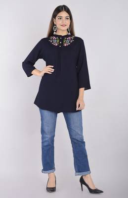 casual 3/4 sleeve embroidered women blue top 5