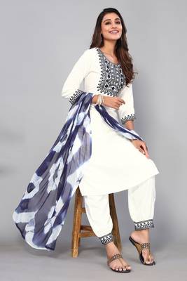 White Sequin Embroidery Work with Viscose Rayon Fabric Stitched Kurta, Pant and Dupatta Set 1