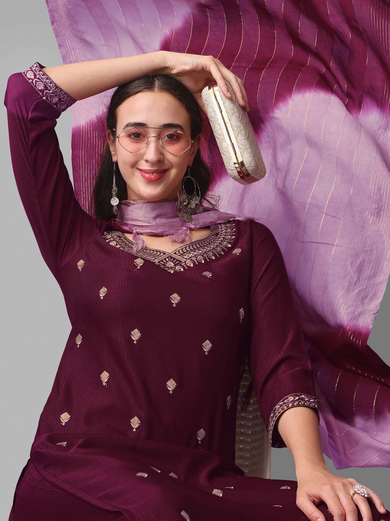 WineRed Women Printed Ruched Yoke Flare Kurta, Pant & Dupatta Set main image 1
