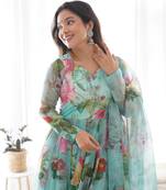 Turquoise Annarkali Kurti Set With Dupatta